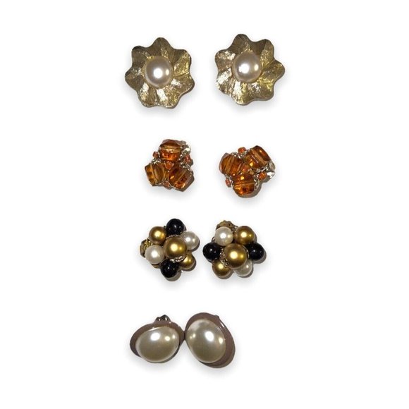 Vintage Bead Pearl Cluster Clip On Earrings 1" Estate Costume Jewelry button - Picture 1 of 8